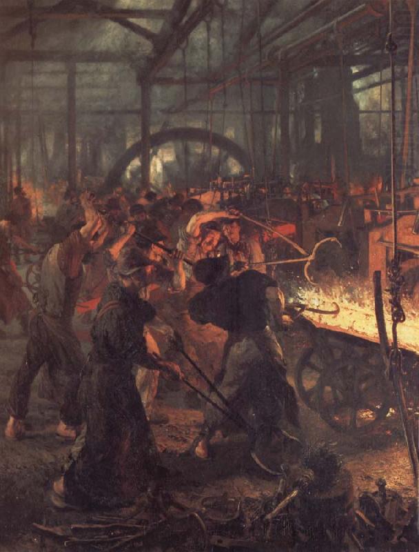 Das Eisenwalzwerk,Ausschnitt:Einschieben des Blockes in das Walzwerk, Adolph von Menzel